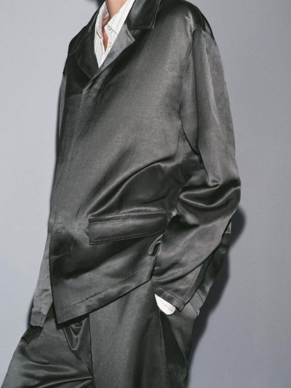 Zara ZW Collection Charcoal Satin Linen Blazer&Pants Set Relaxed Suit, sz.M New!